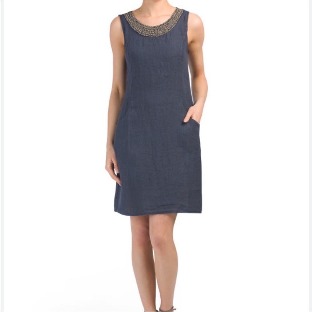 Lina Tomei‎ Sleeveless Beaded Neck Linen Shift Dress